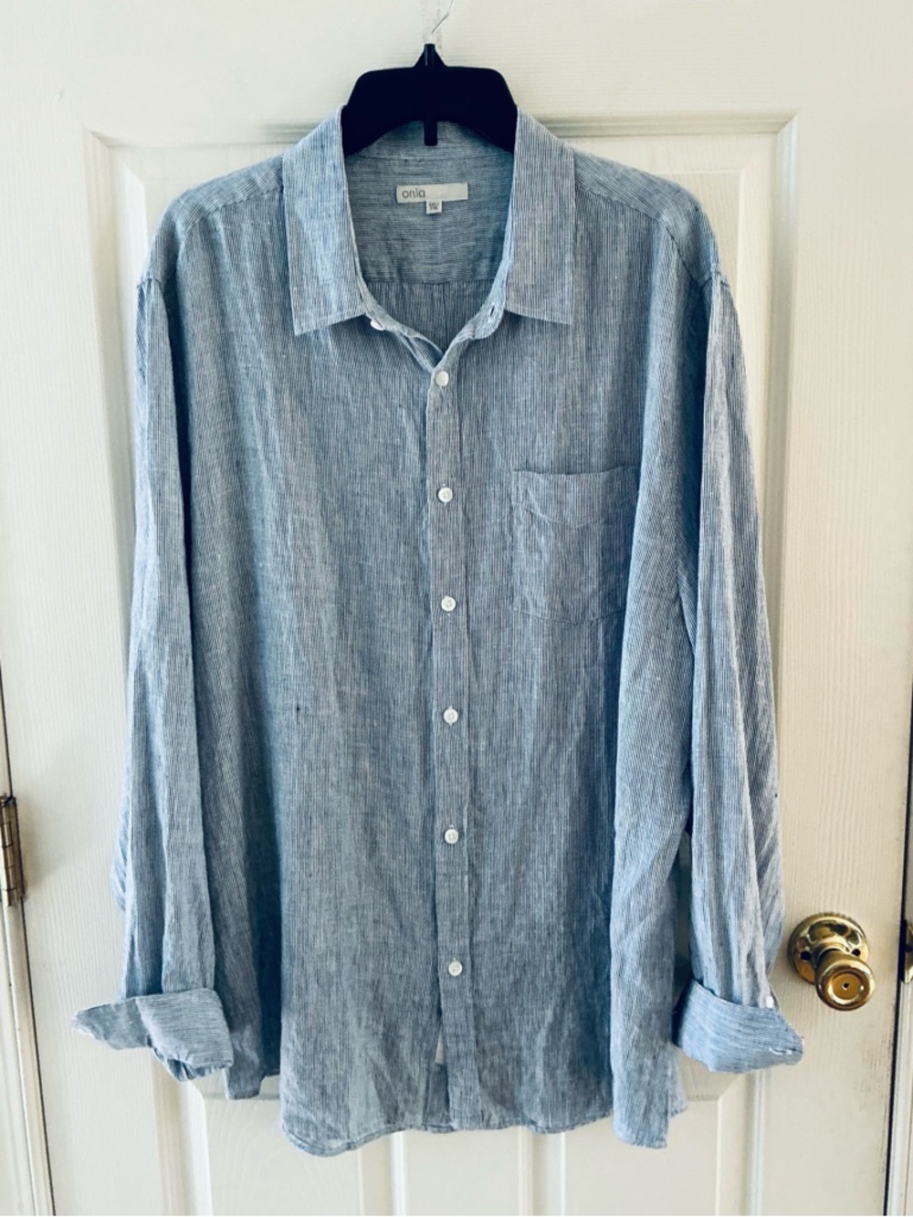 ONIA Mens Linen Lightweight Blue Relaxed Coastal Button Long Sleeve Shirt 2XLT